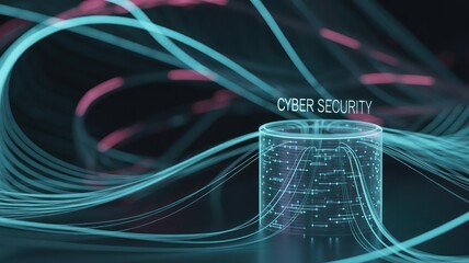 Abstract cyber security display with glowing lines and cylinder on a dark background design focus