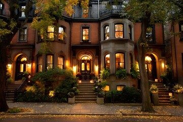 Charming Brownstone Townhouse at Night.