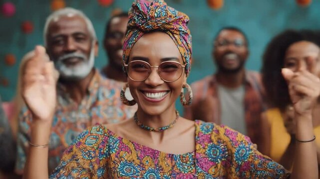 Joyful celebration with diverse group in colorful attire