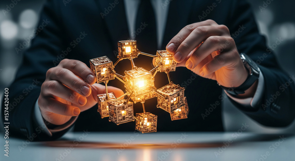 Canvas Prints close-up of illuminated golden cubes connected, held by hands in a dark suit, showcasing a network c