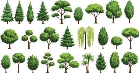 Diverse green tree vector set, landscape design element, forest foliage illustration, nature assets for games, architecture, and environment scenes