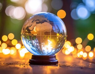 Crystal globe Earth, bokeh lights