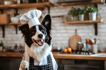 border collie dog with chef hat and whisk in full chef uniform plays funny pet role in cooking dog kitchen scene