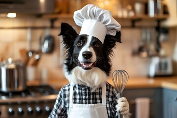 border collie dog with chef hat and whisk in full chef uniform plays funny pet role in cooking dog kitchen scene