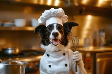 border collie dog with chef hat and whisk in full chef uniform plays funny pet role in cooking dog kitchen scene