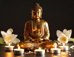 Golden Buddha statue with candles and lilies