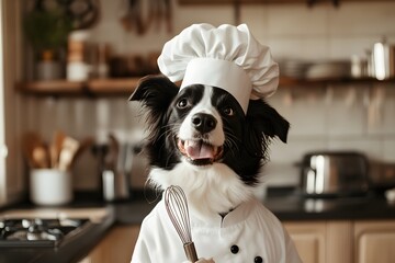border collie dog with chef hat and whisk in full chef uniform plays funny pet role in cooking dog kitchen scene