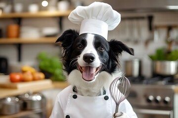 border collie dog with chef hat and whisk in full chef uniform plays funny pet role in cooking dog kitchen scene