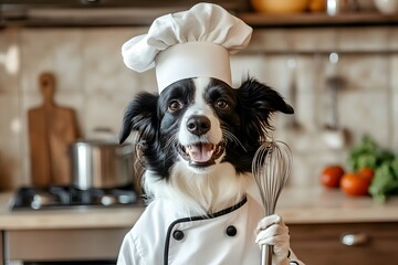 border collie dog with chef hat and whisk in full chef uniform plays funny pet role in cooking dog kitchen scene