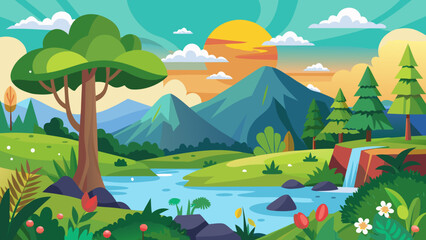 Vector art of a serene river winds through a lush landscape with mountains, trees, and a gentle waterfall under a colorful sky