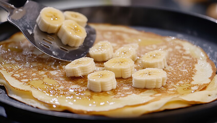 Delicious pancake preparation with sliced bananas being added to golden brown crepe in frying pan, creating tempting breakfast treat