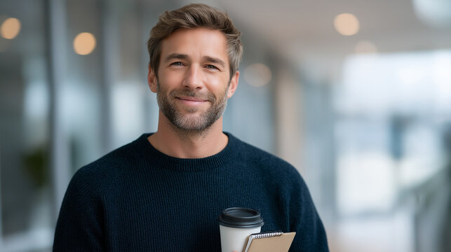 A professional man ready for a conversation in a modern office hallway