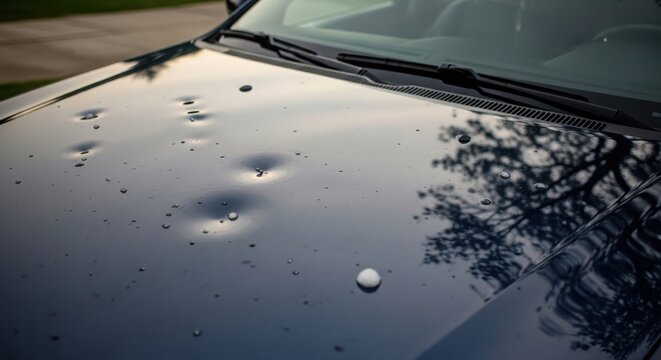 A close-up view of a car hood with water droplets and visible dents. The surface reflects surrounding trees and sky, indicating recent rain or hail damage.