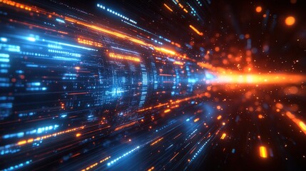 Obraz premium Futuristic abstract background featuring glowing blue and orange lines and particles moving at high speed