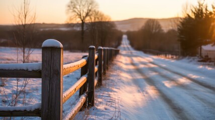 A snow covered road leads into the distance with a wooden fence on the left side at sunset light