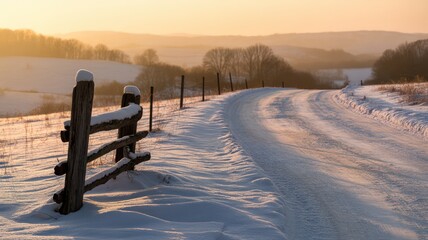 A snow covered road leads into the distance with a wooden fence in the foreground at sunset time