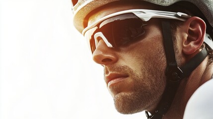 Determined Cyclist in Helmet and Sunglasses Close-up Shot on White Background