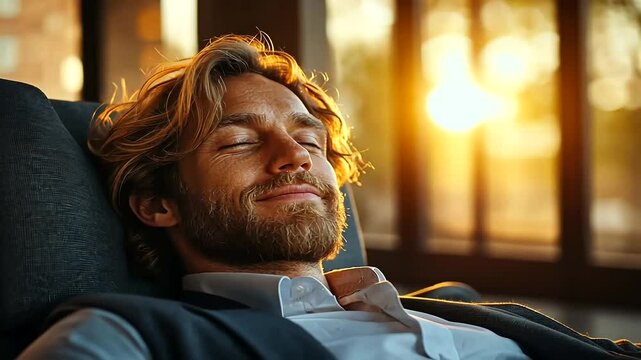 Relaxed businessman enjoying golden hour sunlight indoors, finding peace in a moment of respite