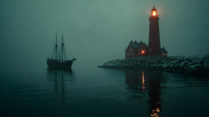 hd realistic shot of coastal lighthouse and vessel in misty conditions.