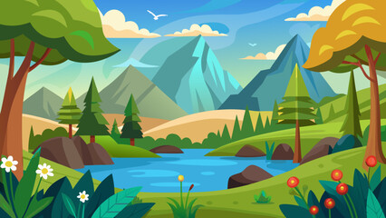 Obraz premium Vector art of a serene cartoon landscape presents rolling hills, a tranquil river, and majestic mountains under a sky with fluffy clouds and birds