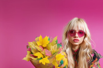 An autumn portrait of a young woman in warm tones, holding a bouquet of yellow leaves, radiating seasonal charm and gentle joy.