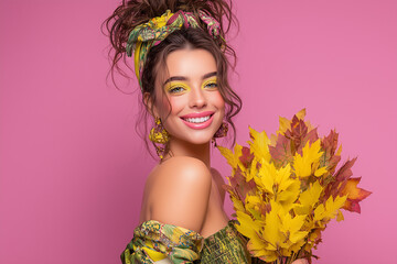 An autumn portrait of a young woman in warm tones, holding a bouquet of yellow leaves, radiating seasonal charm and gentle joy.