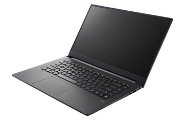Top view white laptop computer with full keyboard layout visible, blank white screen displayed, isolated on a transparent background