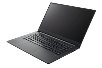 Top view white laptop computer with full keyboard layout visible, blank white screen displayed, isolated on a transparent background
