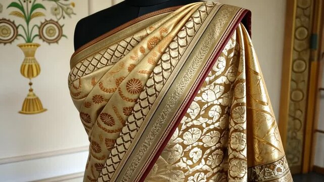 indian banarasi silk saree with intricate gold motifs video