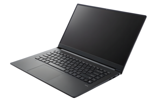 Top view white laptop computer with full keyboard layout visible, blank white screen displayed, isolated on a transparent background - Powered by Adobe