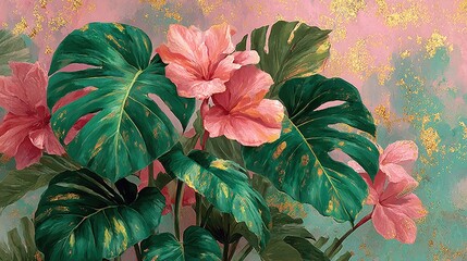 Lush tropical leaves watercolor texture in soft green and pink, organic pattern seamless repeat print design. Botanical foliage wallpaper background