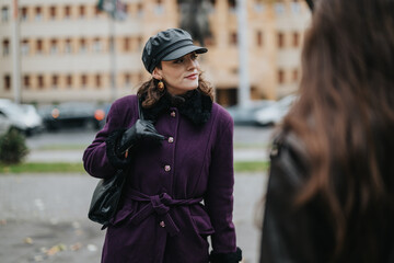 A confident woman wearing a chic purple coat and leather cap walks along an urban street. The...