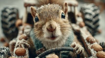 hd realistic shot of cute squirrel driving a monster truck towards nuts.