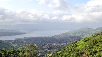Breathtaking panoramic view of lush green hills and serene lake from Panchgani-Mahabaleshwar, a...