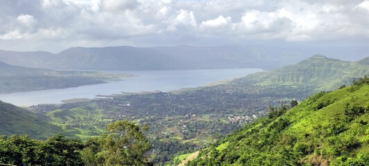 Breathtaking panoramic view of lush green hills and serene lake from Panchgani-Mahabaleshwar, a...