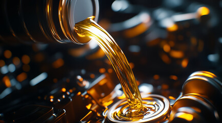 Image showcases close up of oil being poured into engine, highlighting rich golden color and smooth texture of liquid. scene conveys sense