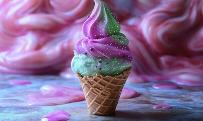 Colorful Ice Cream Cone with Whipped Cream and Sprinkles