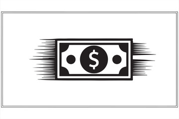 Dollar Bill in Motion with Speed Lines, Black and White Financial Icon