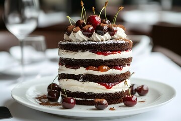 black forest cake with chocolate layers, whipped cream and cherries is a decadent dessert with rich frosting and sweet treat appeal