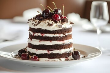 black forest cake with chocolate layers, whipped cream and cherries is a decadent dessert with rich frosting and sweet treat appeal