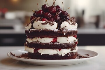black forest cake with chocolate layers, whipped cream and cherries is a decadent dessert with rich frosting and sweet treat appeal
