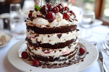 black forest cake with chocolate layers, whipped cream and cherries is a decadent dessert with rich frosting and sweet treat appeal