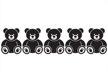 Black and White Teddy Bears Sitting in a Row, Simple and Cute Bear Icons