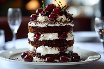 black forest cake with chocolate layers, whipped cream and cherries is a decadent dessert with rich frosting and sweet treat appeal