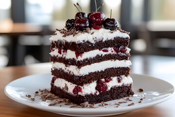 black forest cake with chocolate layers, whipped cream and cherries is a decadent dessert with rich frosting and sweet treat appeal