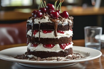 black forest cake with chocolate layers, whipped cream and cherries is a decadent dessert with rich frosting and sweet treat appeal