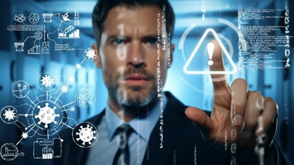Focused man points at digital screen in server room environment. - Powered by Adobe