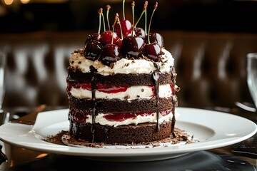 black forest cake with chocolate layers, whipped cream and cherries is a decadent dessert with rich frosting and sweet treat appeal