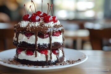black forest cake with chocolate layers, whipped cream and cherries is a decadent dessert with rich frosting and sweet treat appeal
