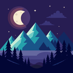 Majestic Night Mountainscape: Serene Moonlit Peak Illustration, Vector Art